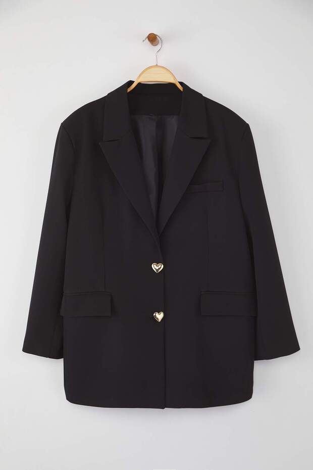 Czarny oversize/luźny krój z guzikami Tkanina Duży rozmiar Marynarka TBBAW26AG00008 - 5