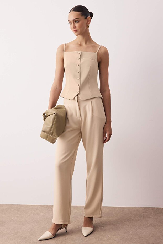 Taş Düz Kesim Wide Leg/Geniş Paça Pileli Dokuma Kumaş Pantolon TWOSS21PL0155 - 2