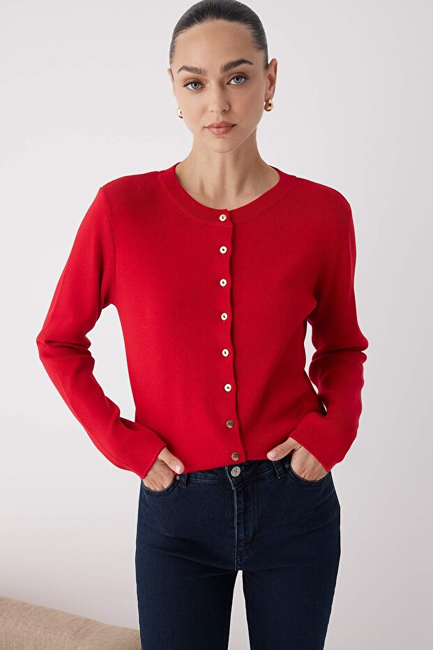 Wardrobe Essentials Kırmızı Düğme Detaylı Pamuklu Basic Triko Hırka | TWOAW26HI00001 - 1