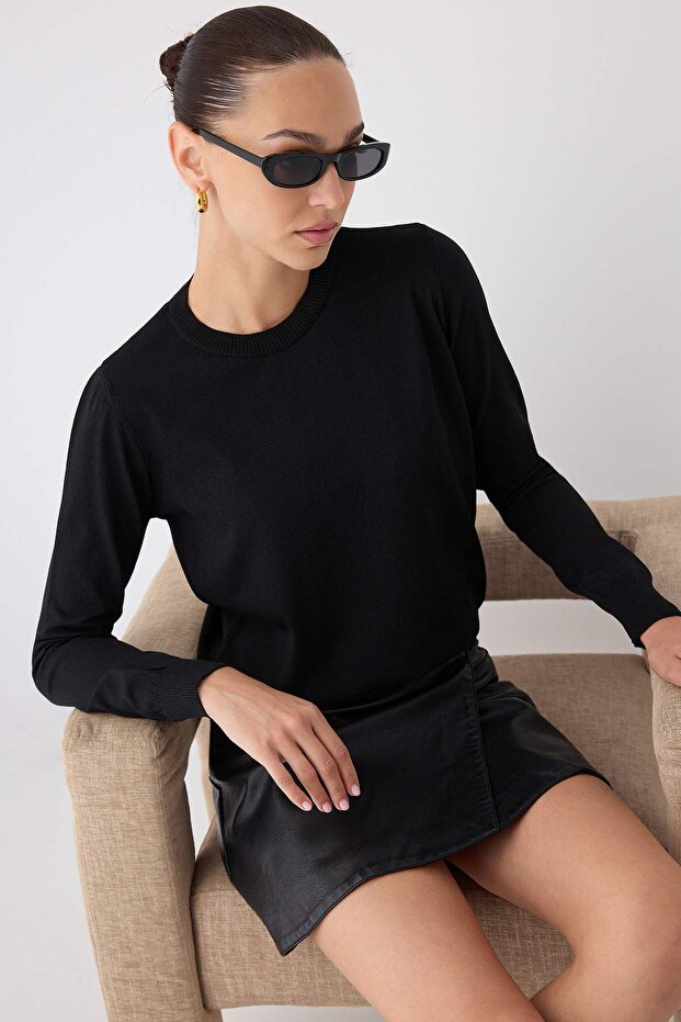 Wardrobe Essentials Siyah Merserize Görünümlü İnce Basic Triko Kazak | TWOAW26KZ00081 - 1