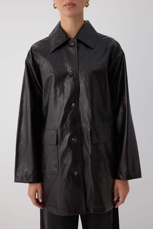 Wardrobe Essentials Koyu Kahverengi Suni Deri Oversize Midi Trençkot TWOAW26TR00009 - 4