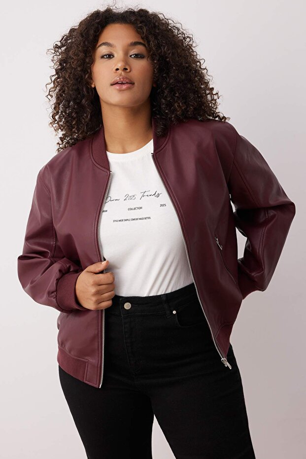 Bordová Regular Fit Faux Leather Bomber Slim Plus Size Jacket Coats TWOAW26AW00002 - 1