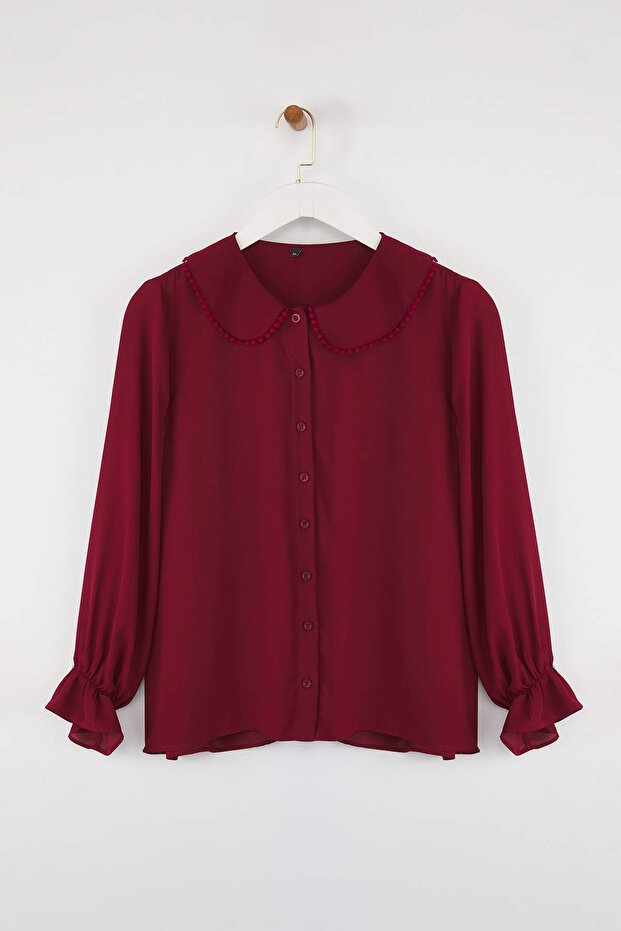 Bordo Bebe Yaka Ponpon Detaylı Regular Normal Kalıp Dokuma Büyük Beden Gömlek TBBAW26AX00008 - 5