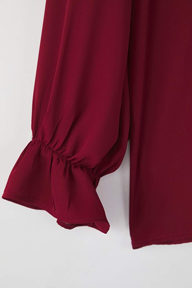 Bordo Bebe Yaka Ponpon Detaylı Regular Normal Kalıp Dokuma Büyük Beden Gömlek TBBAW26AX00008 - 6