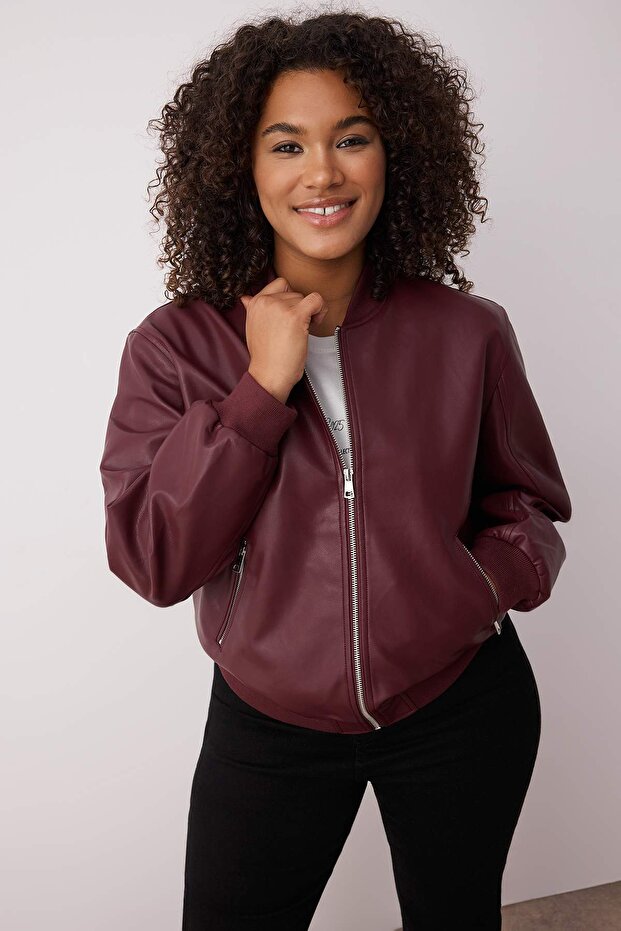 Bordová Regular Fit Faux Leather Bomber Slim Plus Size Jacket Coats TWOAW26AW00002 - 2