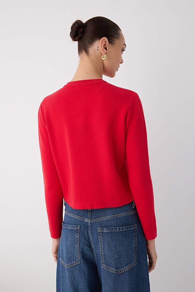 Wardrobe Essentials Kırmızı Düz Düğme Detaylı Crop Premium/Özel İplik Triko Hırka | TWOAW26HI00094 - 4