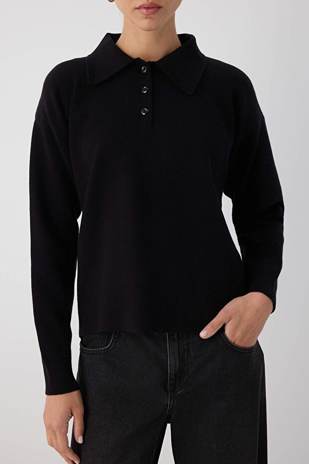 Wardrobe Essentials Siyah*001 Premium/Özel İplik Polo Yaka Triko Kazak | TWOAW26KZ00060 - 4