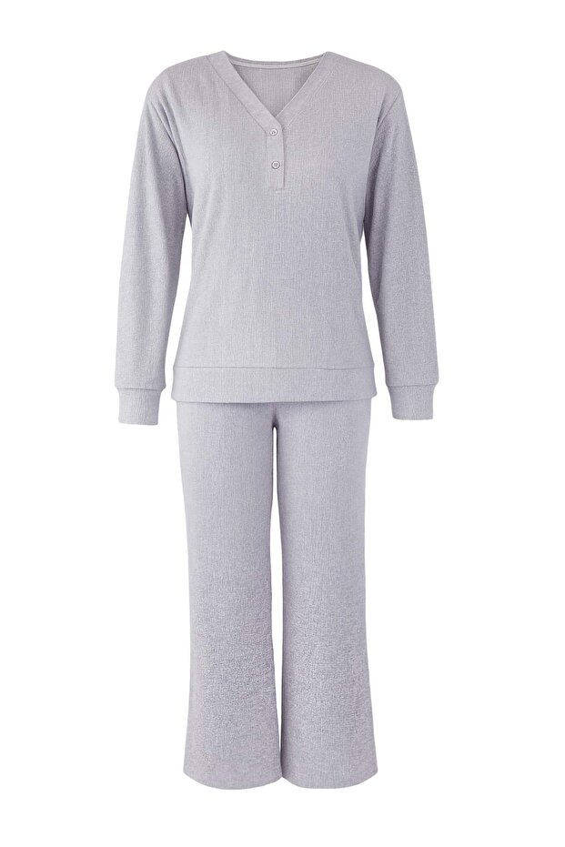 Gri Melanj Düğmeli Waffle Kumaş Örme Pijama Takımı THMAW26PT00000 - 5