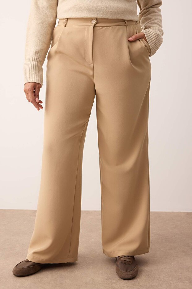 Vizon Wide Leg/Geniş Paça Dokuma Büyük Beden Kumaş Pantolon TBBAW23AR00007 - 3