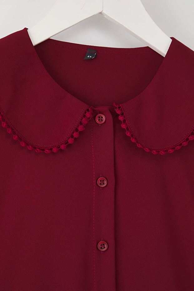 Bordo Bebe Yaka Ponpon Detaylı Regular Normal Kalıp Dokuma Büyük Beden Gömlek TBBAW26AX00008 - 7