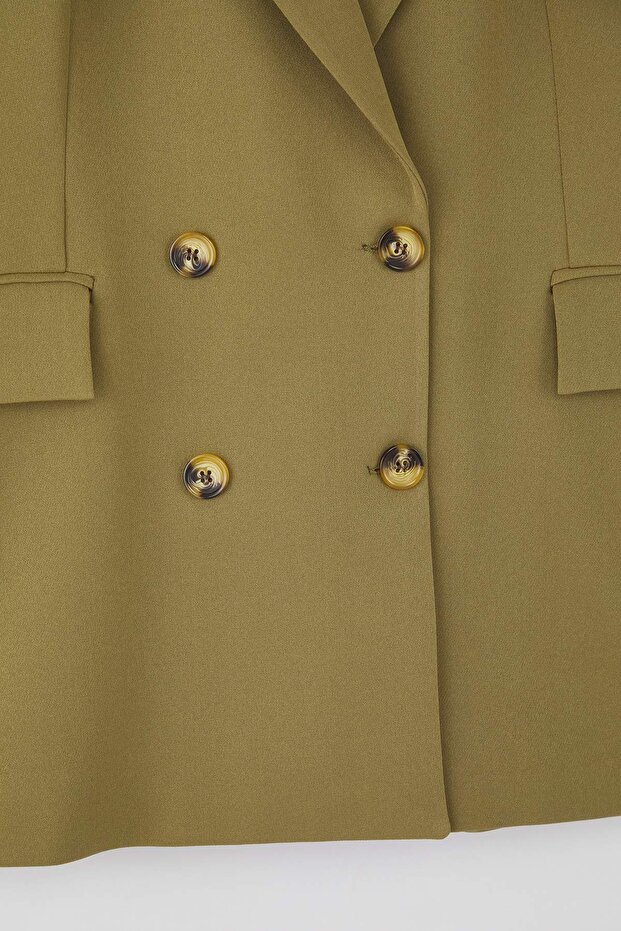 Haki Oversize/Bol Kesim Astarlı Düğmeli Dokuma Büyük Beden Blazer Ceket TBBAW26AG00006 - 6