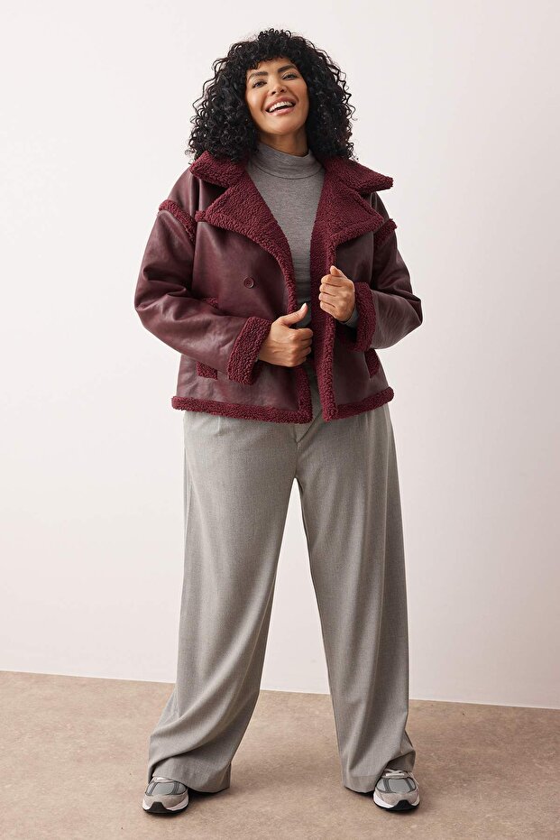 Bordo Peluş Detaylı Suni Deri Biker Ceket Büyük Beden Mont TWOAW26AW00014 - 1