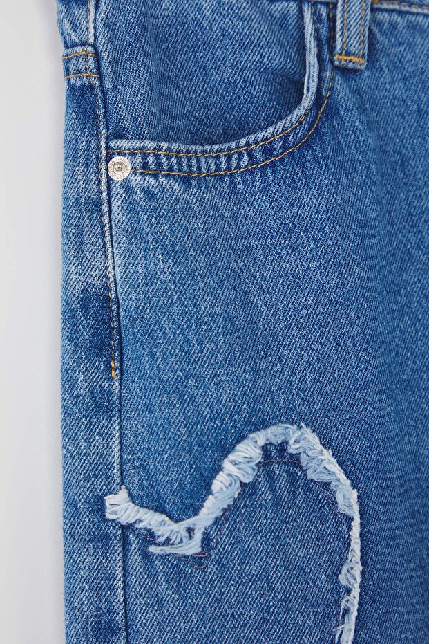 Mavi Kız Çocuk Geniş Paça Yıldız Desenli Lastikli %100 Pamuk Denim Pantolon TKDAW25PL00001 - 3