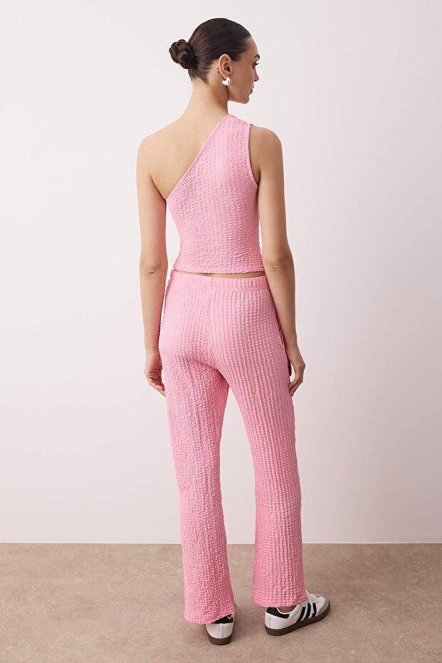Pembe Dokulu Gofre Asimetrik Tek Kol Esnek Örme Alt - Üst Takım TWOSS25AU00129 - 4