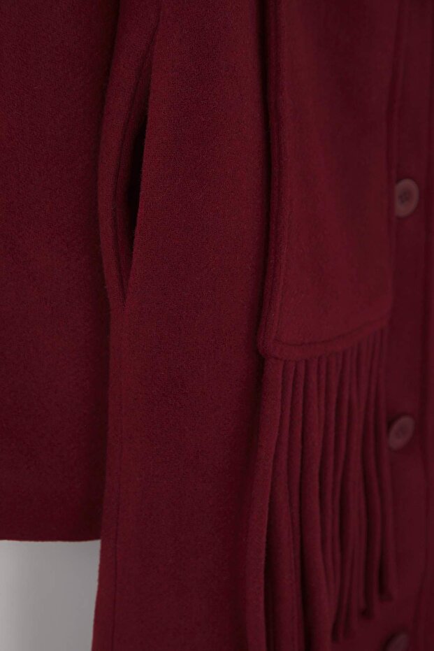 Bordo Şal Detaylı Mono Kapama Oversize Uzun Kaşe Kaban TWOAW26KB00041 - 7