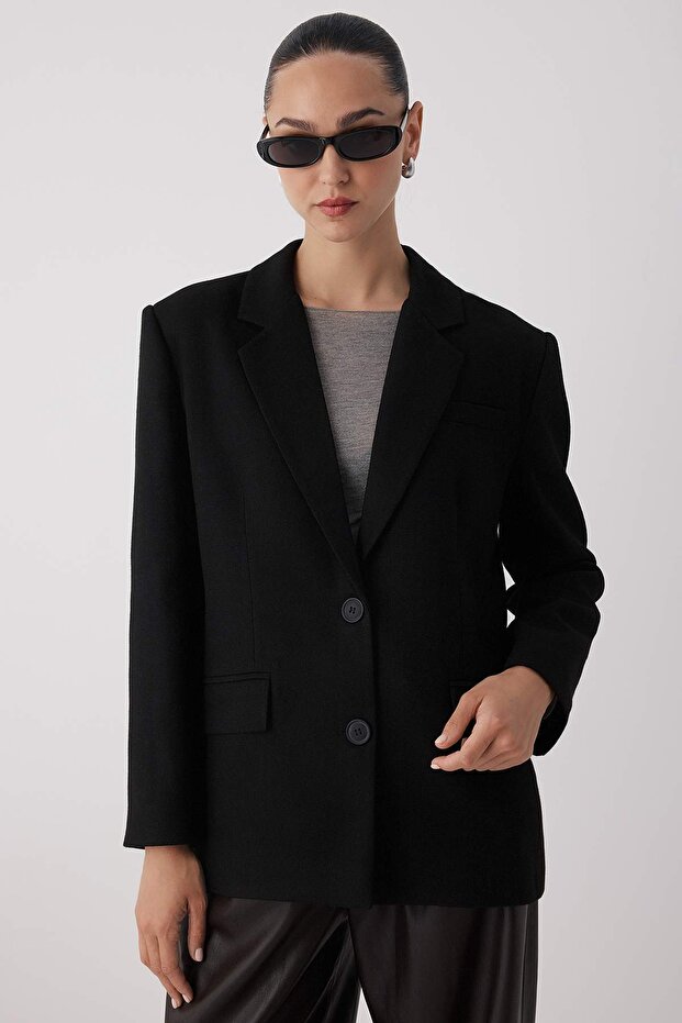 Wardrobe Essentials Siyah İnce Kaşe Özel Koleksiyon Rahat Kalıp Blazer Ceket | TWOAW26BC00005 - 1