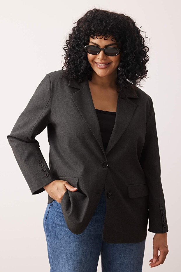 Antrasit Premium Oversize/Bol Kesim Astarlı Dokuma Blazer Ceket TBBAW26AG00007 - 3