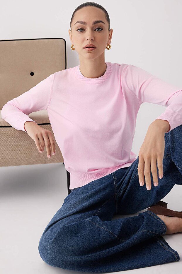 Wardrobe Essentials Pembe Merserize Görünümlü İnce Basic Triko Kazak | TWOAW26KZ00081 - 1