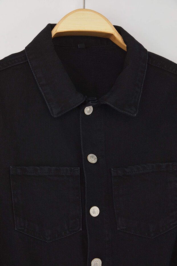 Siyah Gömlek Yaka Geniş Paça Denim Tulum TWOAW26TU00002 - 6