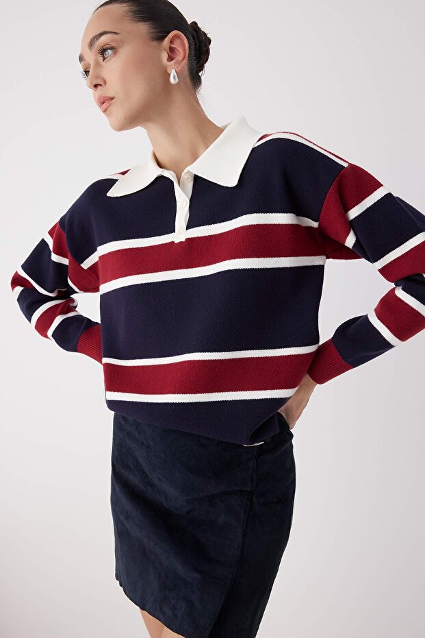 Wardrobe Essentials Lacivert Premium/Özel İplik Polo Yaka Triko Kazak | TWOAW26KZ00060 - 1