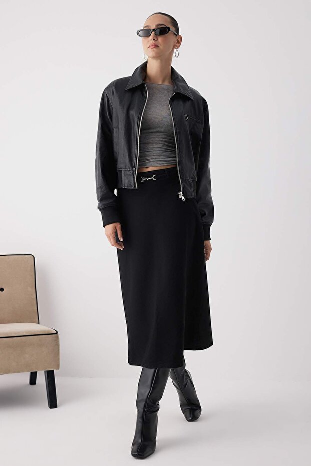Wardrobe Essentials – Siyah Kemerli Maxi Denim Etek | TWOAW26ET00024 - 3