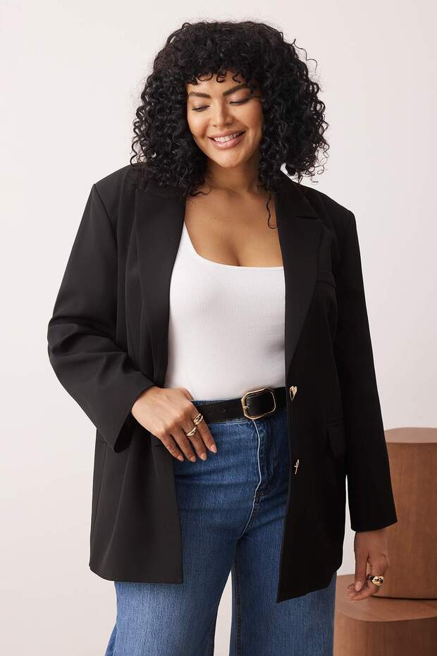 Czarny oversize/luźny krój z guzikami Tkanina Duży rozmiar Marynarka TBBAW26AG00008 - 1