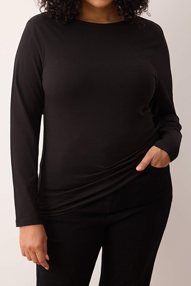 Siyah Pamuklu Esnek Sırt Dekolteli Fitted/Vücuda Oturan Esnek Örme Büyük Beden Bluz TBBAW26AF00026 - 5