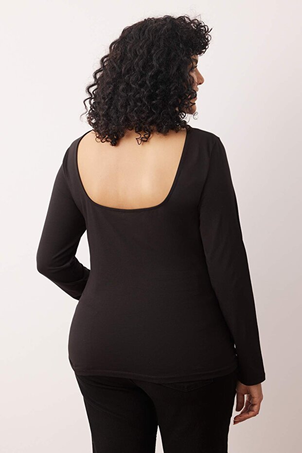 Siyah Pamuklu Esnek Sırt Dekolteli Fitted/Vücuda Oturan Esnek Örme Büyük Beden Bluz TBBAW26AF00026 - 6