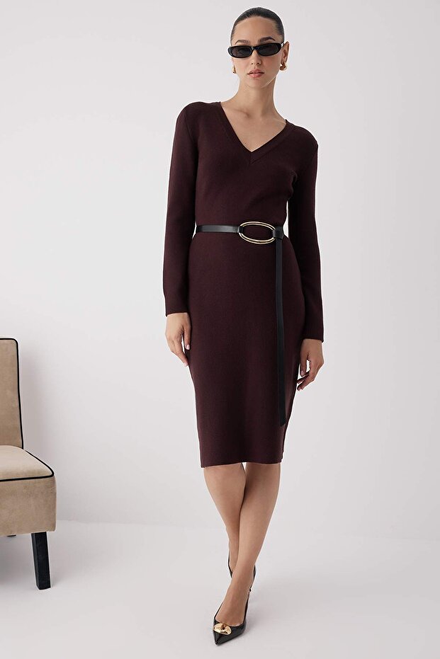 Wardrobe Essentials Kahverengi Premium/Özel İplikli Midi Triko Elbise | TWOAW26EL00007 - 1