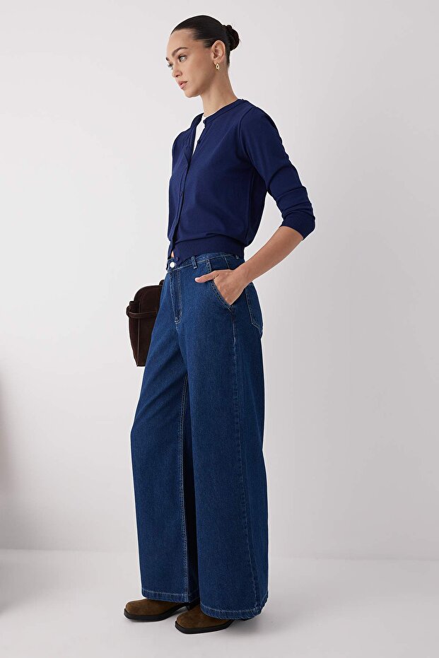 Trendyolmilla Wardrobe Essentials Mavi Yüksek Bel Wide Leg Palazzo Jeans TWOAW26JE00015 - 3