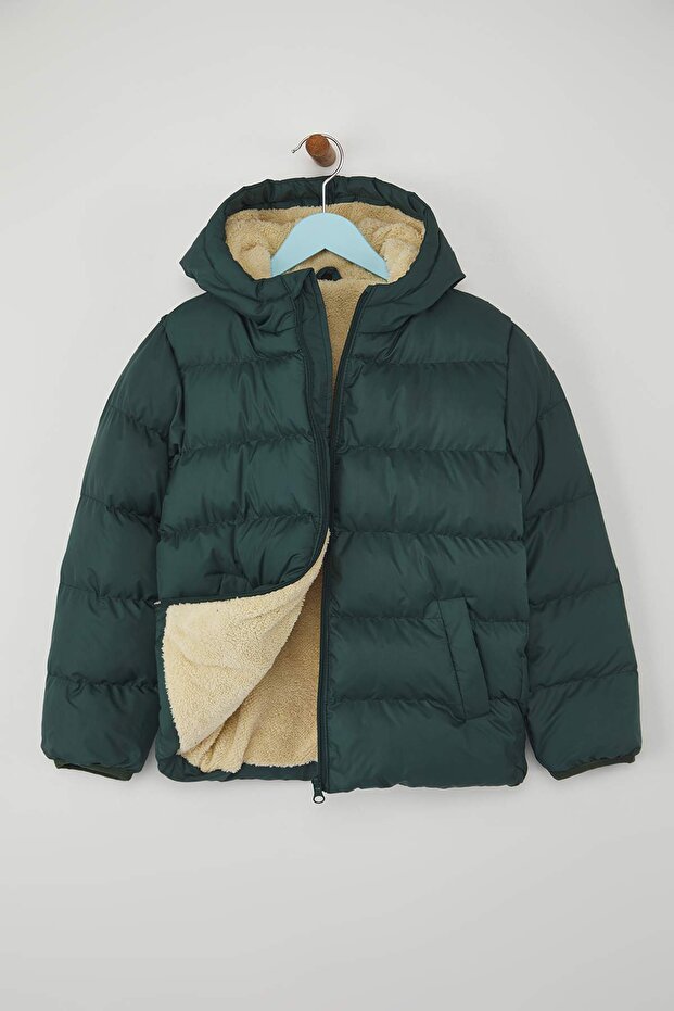 Yeşil Düz/Basic Kalın Kapüşonlu Regular Unisex Çocuk Mont TKDAW26MO00008 - 3