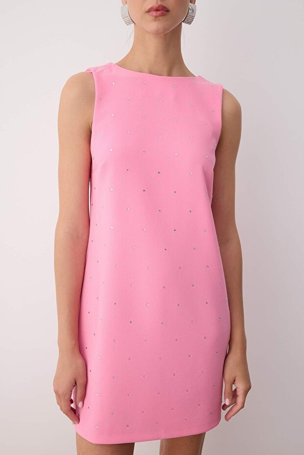 Pembe Parlak Taş Basklı Süper Mini Elbise TPRAW25EL00192 - 3