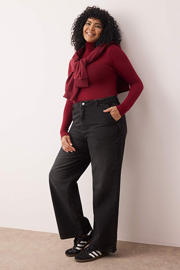 Antrasit Yüksek Bel Geniş Paça/Wide Leg Comfort/Orta Esnek Büyük Beden Jeans TBBSS24CJ00048 - 2