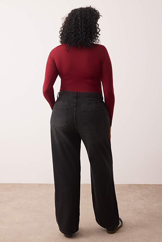 Antrasit Yüksek Bel Geniş Paça/Wide Leg Comfort/Orta Esnek Büyük Beden Jeans TBBSS24CJ00048 - 4