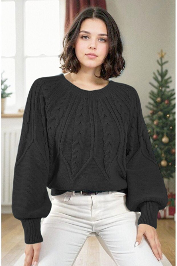 Balloon Sleeve Crew Neck Stylish Knit Black Knitwear Knitted Sweater