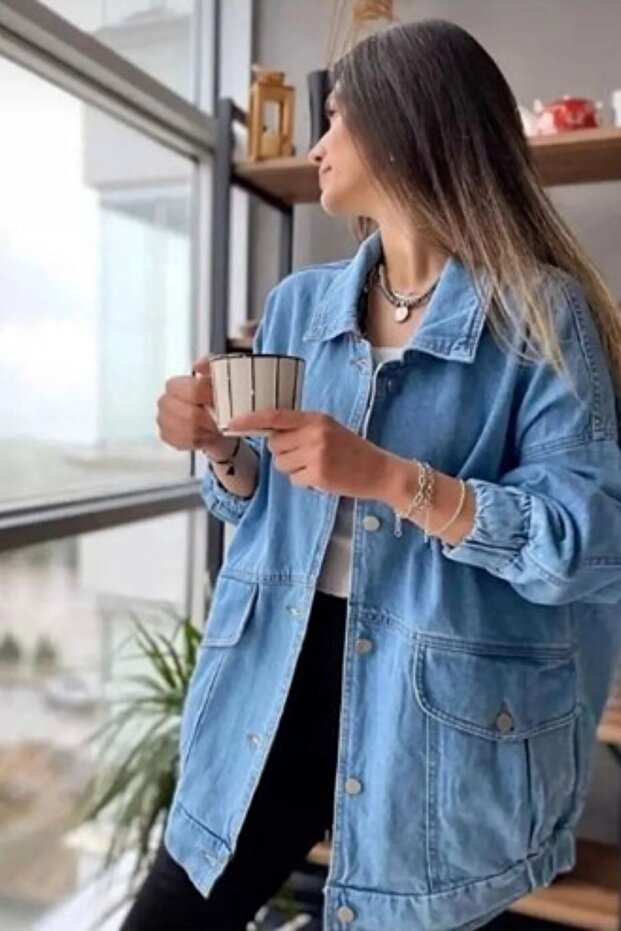 سترة دينم زرقاء كبيرة الحجم للنساء 00150