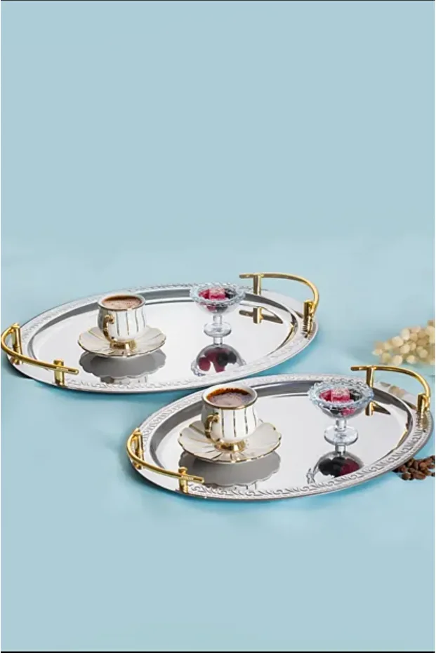 2’li Elit Tepsi Oval Tepsi Çay Tepsisi Kahve Tepsisi - 2