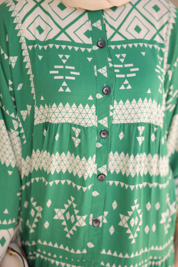 Green Patterned Half Buttoned Viscon Dress - 5