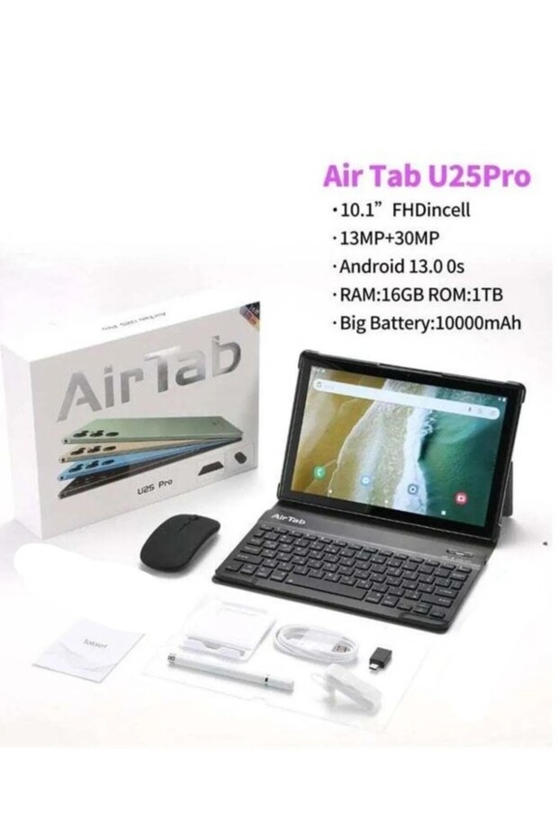 تابلت AirTab U25 Pro مع لوحة مفاتيح عربية، أندرويد 13، شاشة FHD 10.1 بوصة، ذاكرة وصول عشوائي 16 جيجابايت، ذاكرة قراءة فقط 1 تيرابايت - مع Power