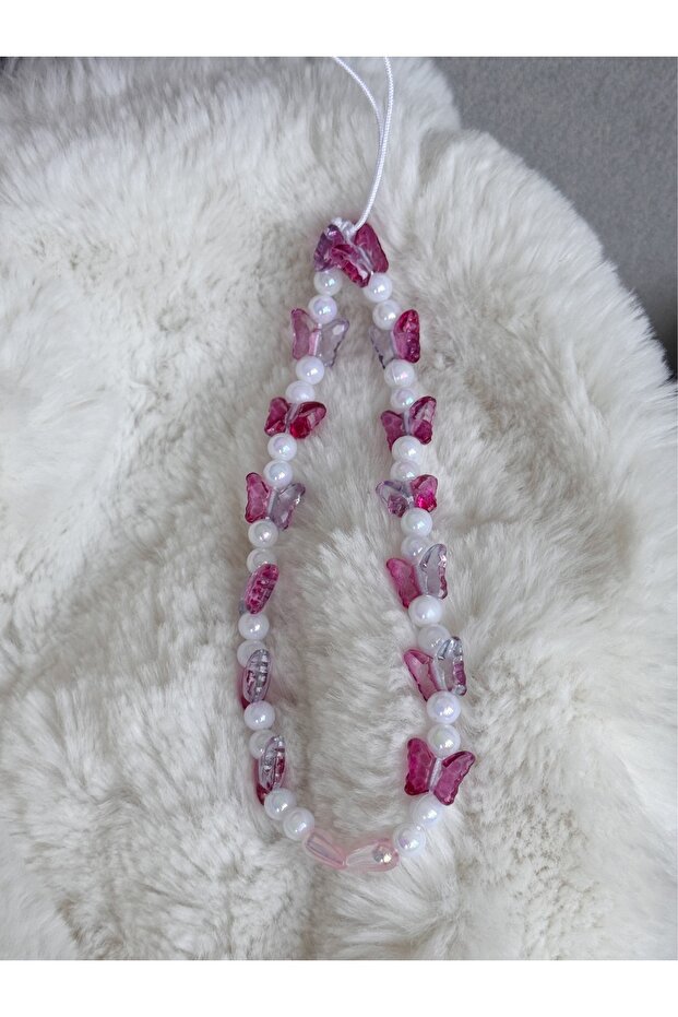 Pink Transitional Butterfly Design Phone Charm, Janjan Pearl Phone Strap Phone Lanyard Bag Ornament