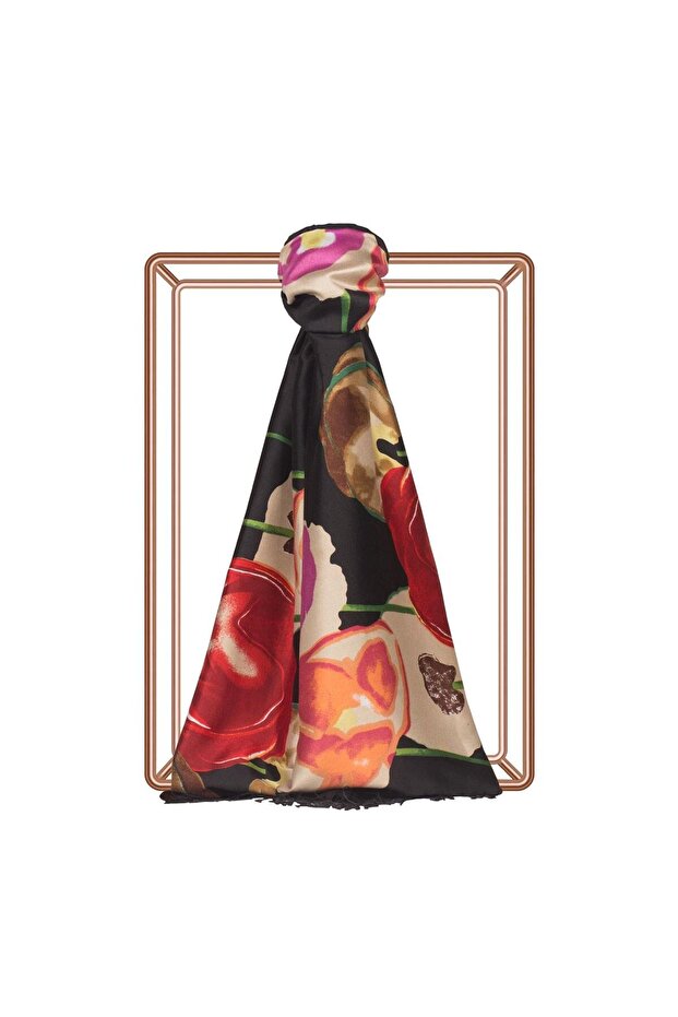 Gelincik Panel Patterned Silk Shawl 06477-Black Red
