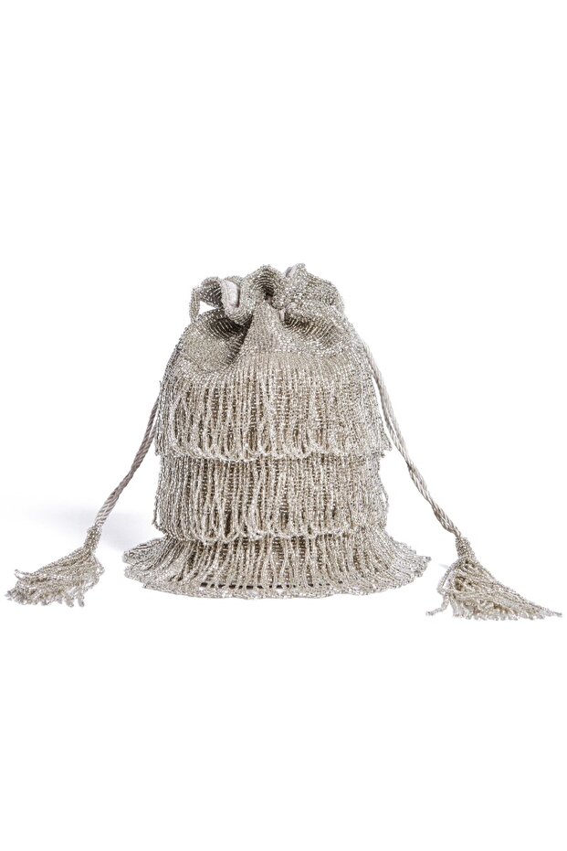 Channel Hand Embellished Fringe Bucket Bag in Silver