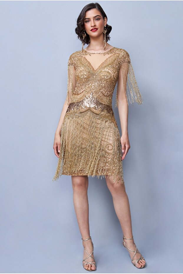 Sybill Fringe Flapper Dress in Gold