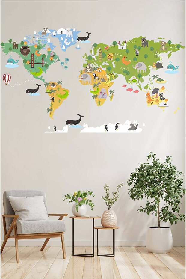 Animal World Map Children's and Baby's Room One Piece Educational Wall Sticker