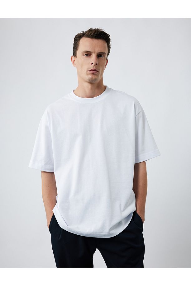 Kısa Kollu Bisiklet Yaka Pamuklu Basic Oversize Tişört - 2