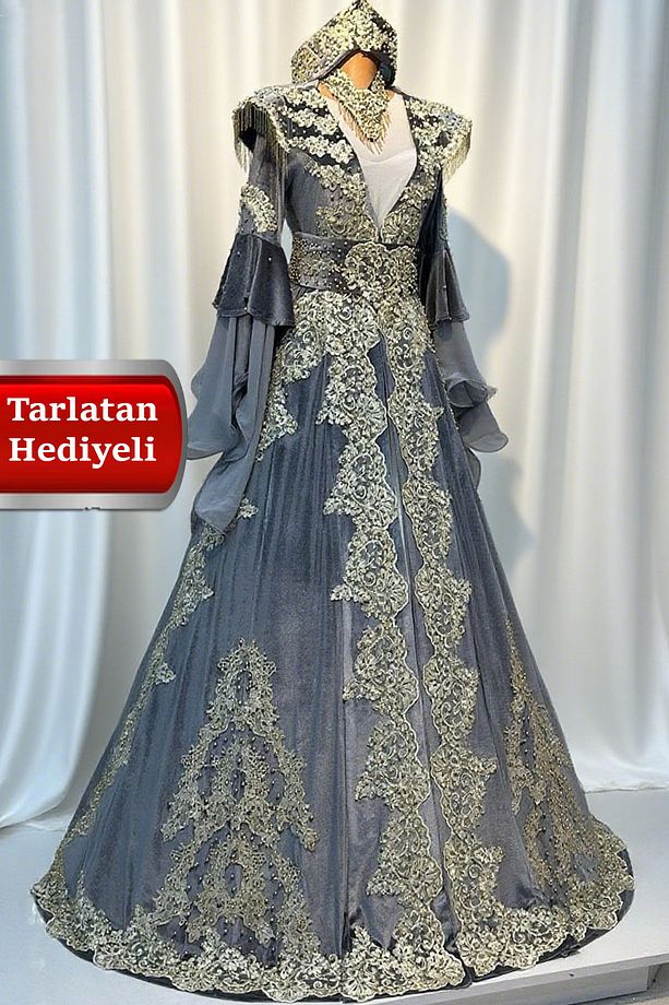 YENİ MODEL KADİFE BİNDALLI KAFTAN GELİN KINA GECESİ ELBİSESİ TAÇ-KEMER-KOLYE + TARLATAN HEDİYE - 1