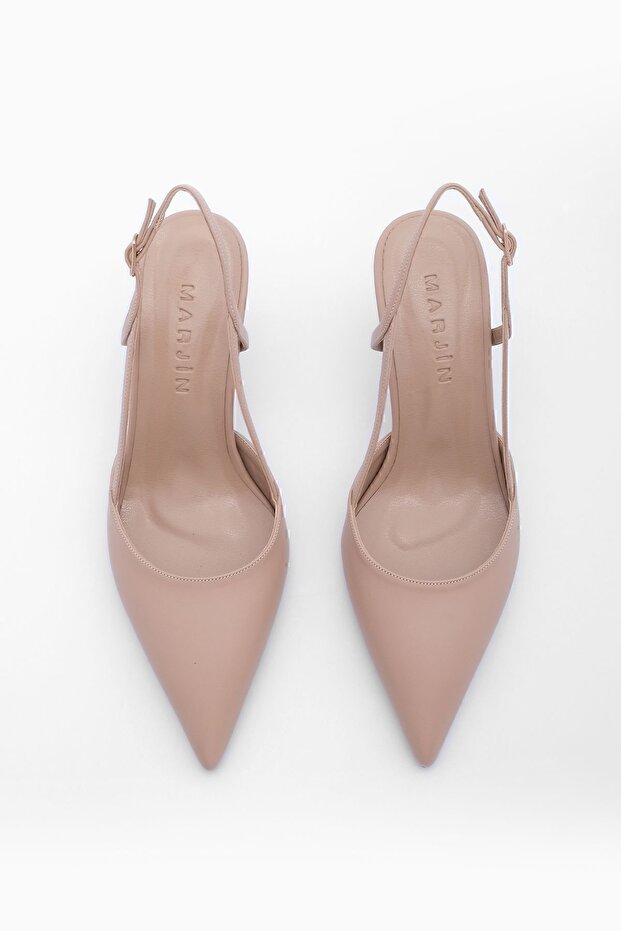 Beigefarbene klassische Damenschuhe mit Absatz – spitze Zehenpartie und offener Riemen - 7