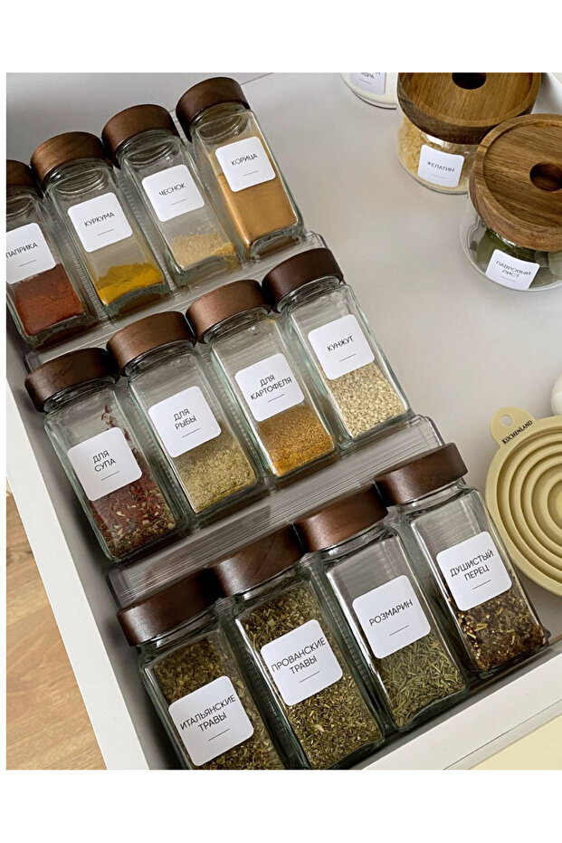 Glass 12 Spice Jar Set with Acacia Lid, 21 Pieces Special Printing, High Quality Label Gift