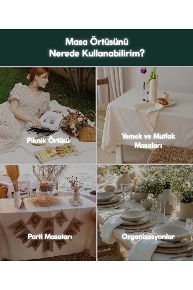 Doku | Fırfırlı Keten Bej Masa Örtüsü - 4