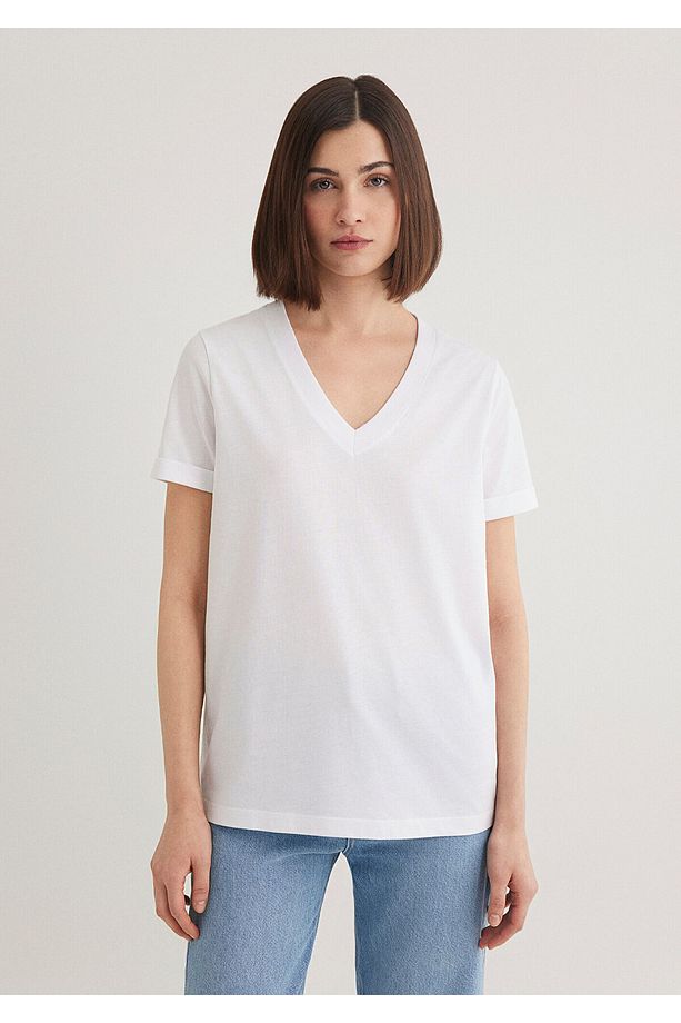 V Yaka Beyaz Basic Tişört Regular Fit / Normal Kesim 166248-620 - 4